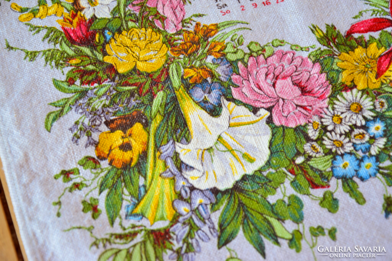 Old retro woven linen tablecloth calendar 1986 gift idea 62 x 40