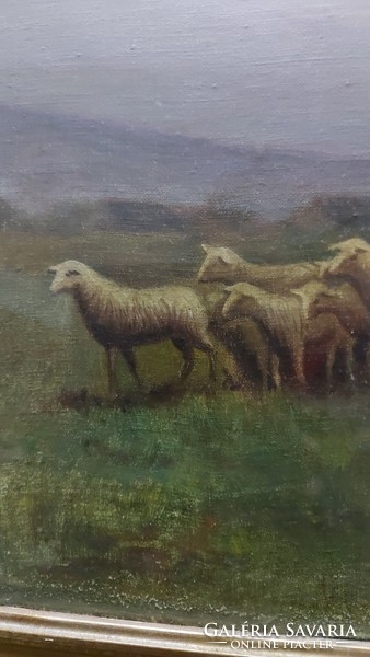 Antik Festmény pásztor a nyájával blondel keretben