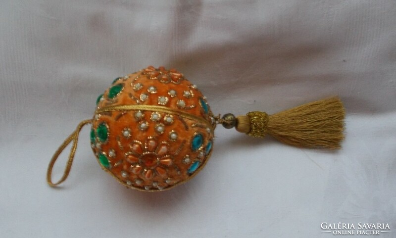 Textile, rhinestone, pearl Christmas ornament, Christmas tree decoration, velvet ball with gold thread 1pc