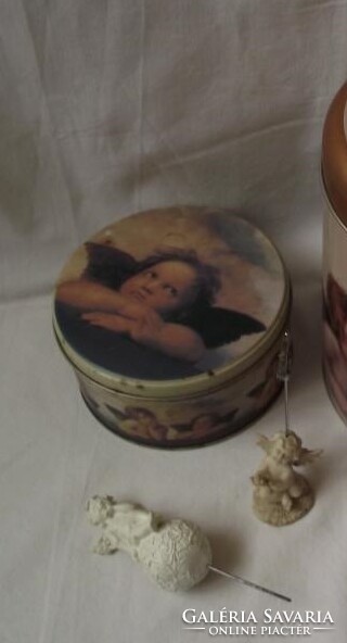 Angel, metal storage box with putto pattern, message holder, angel face sitting on a sphere