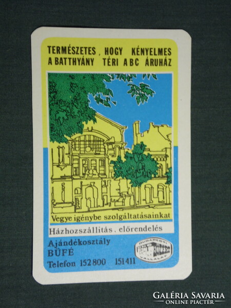 Kártyanaptár,Pest megyei vendéglátó,Batthyány téri ABC áruház büfé,Budapes,grafikai, 1980,   (4)