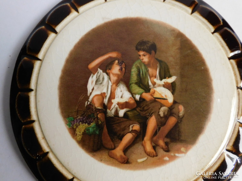 Antique faience wall decoration, porcelain picture - street children