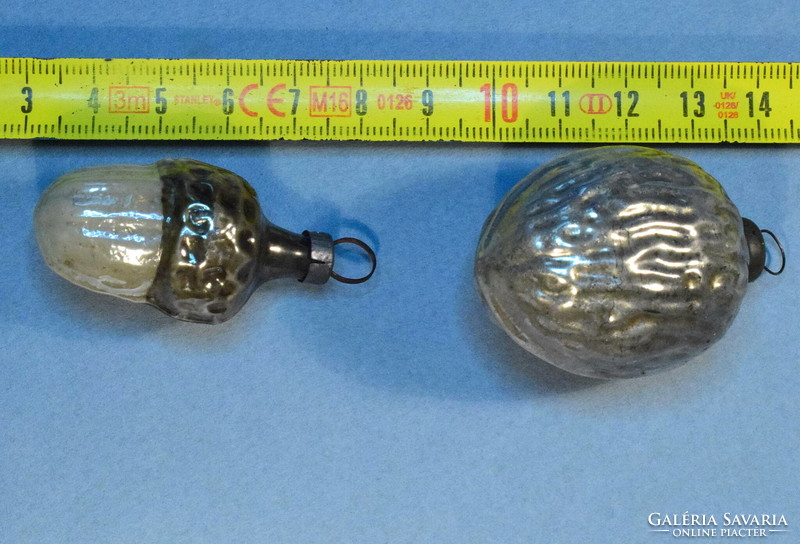 2 darab Antik kis karácsonyfadísz - ezüstös üveg dió és makk