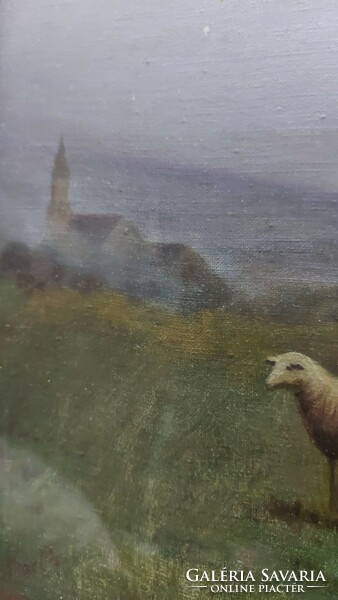 Antik Festmény pásztor a nyájával blondel keretben