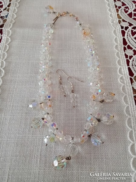 Old Czech aurora boreal iridescent / lustrous crystal necklace + crystal earrings