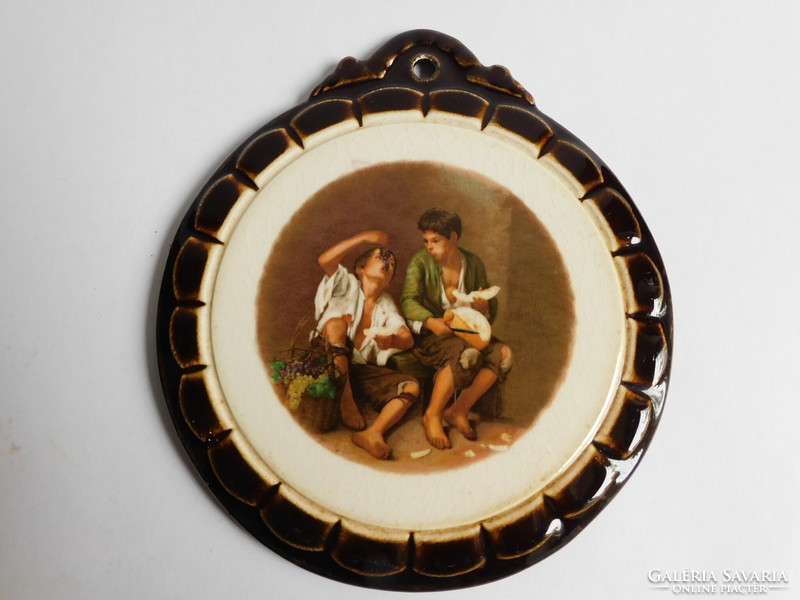 Antique faience wall decoration, porcelain picture - street children