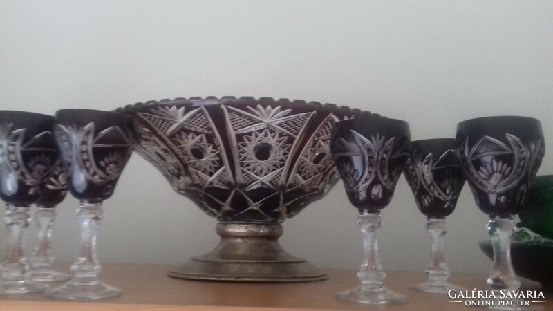 Burgundy lead crystal fruit bowl with silver base and glasses