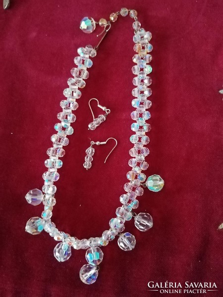 Old Czech aurora boreal iridescent / lustrous crystal necklace + crystal earrings