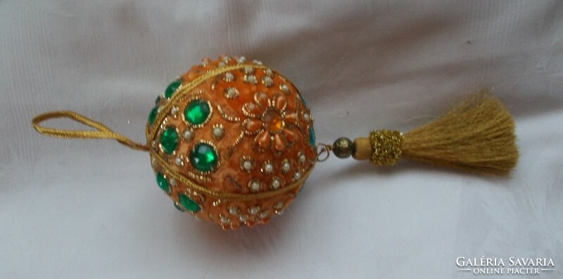 Textile, rhinestone, pearl Christmas ornament, Christmas tree decoration, velvet ball with gold thread 1pc