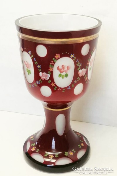 Glass goblet in Biedermeier style, burgundy, with stylish medallion hand-painted decoration. Bohemia