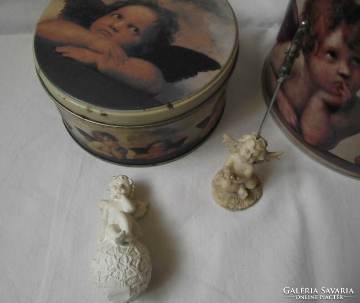 Angel, metal storage box with putto pattern, message holder, angel face sitting on a sphere