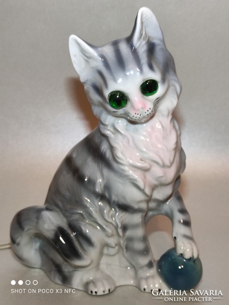 Antique old porcelain perfume lamp aroma lamp gray tabby cat figural scent lamp bedside lamp