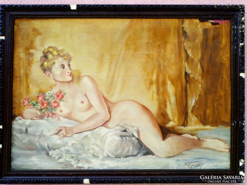 Reclining nude with a bouquet of roses, large-scale painting from 1961, tarapcsik signature