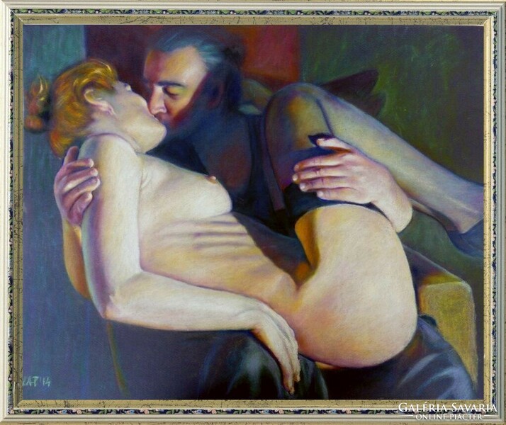 Szenvedélyes csók. Modern naturalista festmény, Kagyerják Attila Tamás alkotása