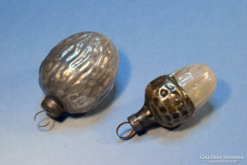 2 pieces of antique small Christmas tree decoration - silver glass nuts and acorns