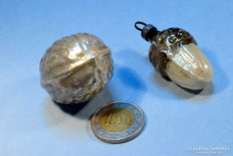 2 pieces of antique small Christmas tree decoration - silver glass nuts and acorns