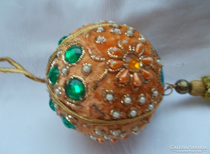 Textile, rhinestone, pearl Christmas ornament, Christmas tree decoration, velvet ball with gold thread 1pc