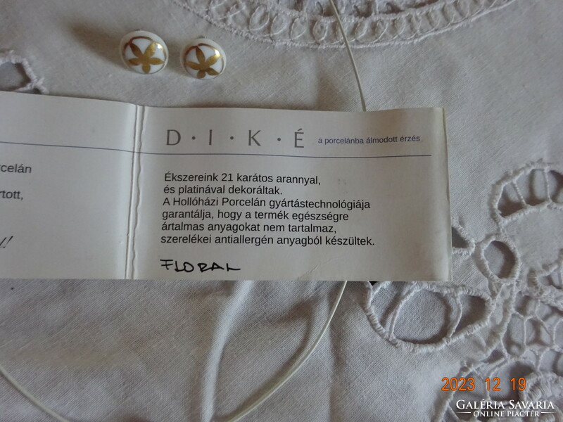 Hollóháza porcelain diké floral jewelry set, pendant, earrings, impeccable, new condition
