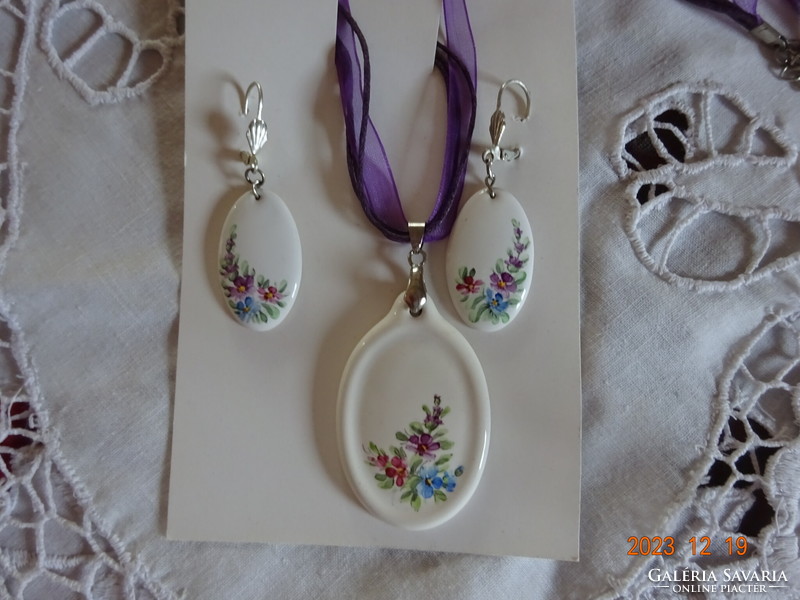 Porcelain jewelry set, hand painted, pendant, French clasp earrings, flawless, new