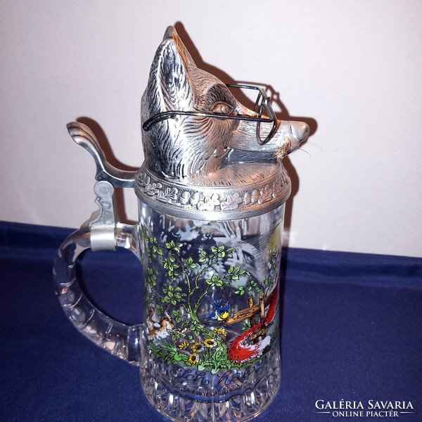 Fox head, bmf, glass jug with tin lid, beer mug, cup.