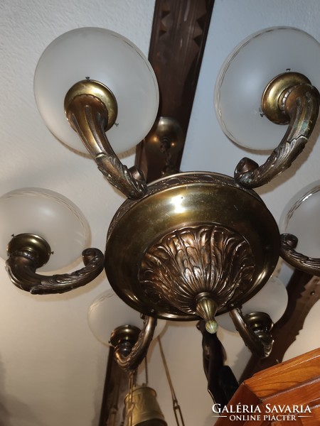 Antique solid copper chandelier with original polished shades from the 1930s. Its height is adjustable.