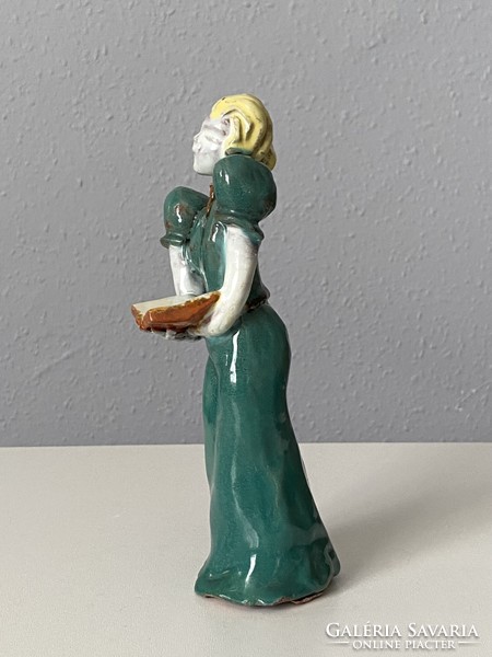 Reading girl art deco glazed ceramic statue of a woman with a book in her hand 20.5 Cm