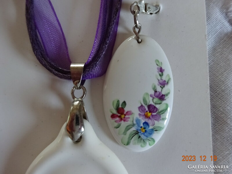 Porcelain jewelry set, hand painted, pendant, French clasp earrings, flawless, new