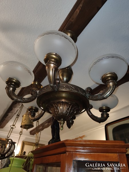 Antique solid copper chandelier with original polished shades from the 1930s. Its height is adjustable.