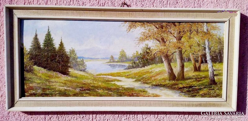 Realistic landscape with a forest view overlooking an alpine lake, framed with an oil-cardboard painting signature