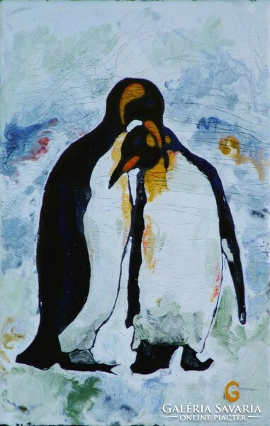 Tüzzománc, Cím: Pingvinek,  rézlemezen, Méret: 18 cm. X 12 cm.