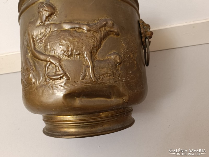 Antique caspo patina embossed brass milking girl lion head flower holder 457 8241