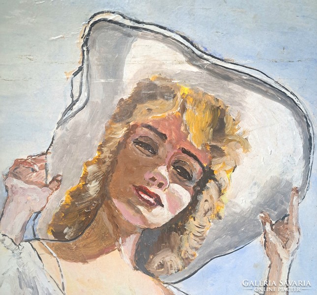 Girl in a hat on the ship of tranquility, marked oil carton