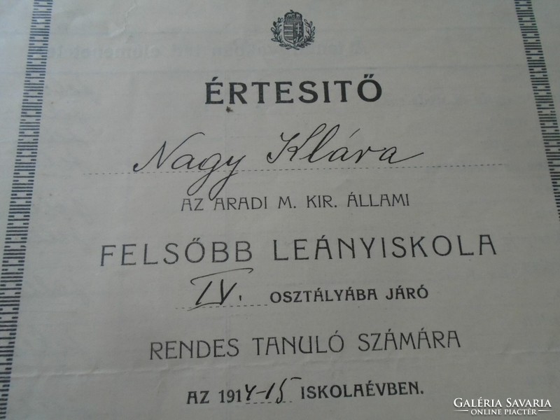 ZA478.5  Értseítő - Arad - Állami Felsőbb Leányiskola  1914-15  Nagy Klára - Blasovszky Miklósné