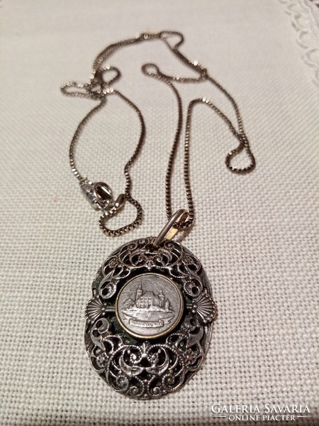 Antique silver-plated copper craftsman relief goldsmith pendant with chain -- Vojdahunyadvár