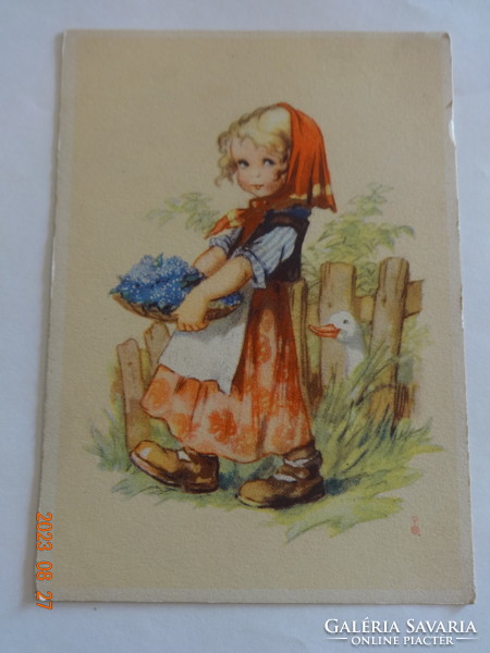 Old graphic postcard - little girl with a bowl of flowers