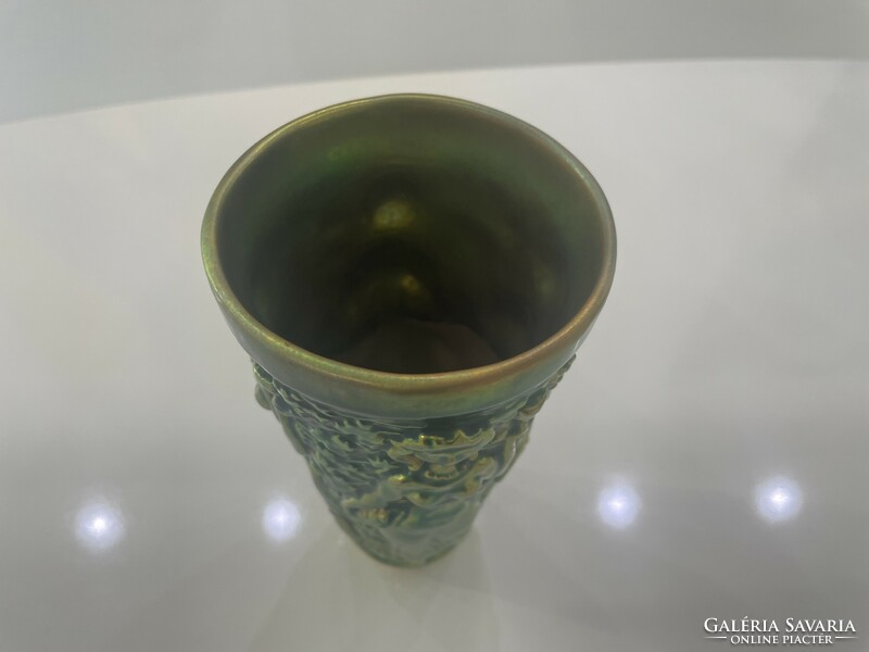 Zsolnay eozin vase vintage glass designed by Janos of Turkey shield seal modern retro mid century