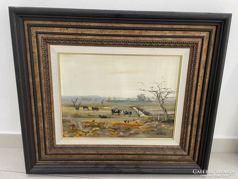 Csikós András tanyasi tájkép tehenekkel olajfestmény kép