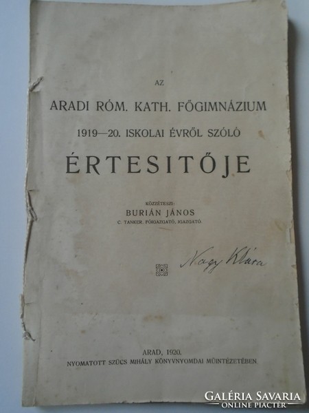 Za478.8 The Arad r.Kat.Főgimn.1919-20 Isk. Director János Burián's annual notice is a big one
