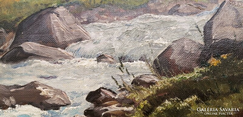 Alpesi táj rohanó patakkal, Vitange olaj-vászon festmény, ismeretlen művésztől