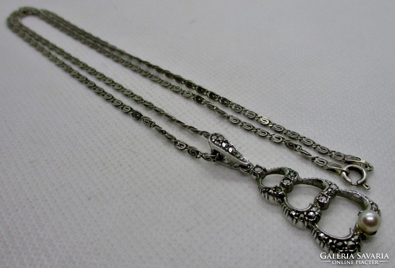 Beautiful antique silver necklace with genuine pearl and marcasite pendant