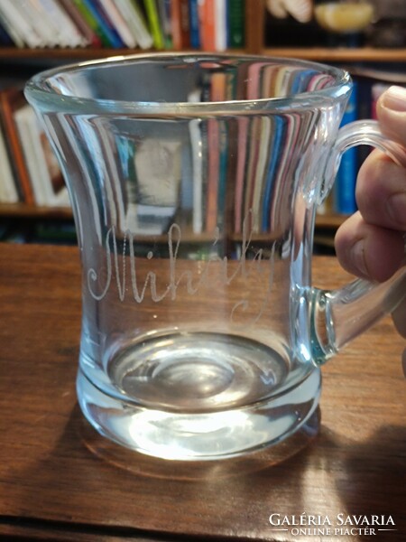 Old huta glass jar with handle, mug...