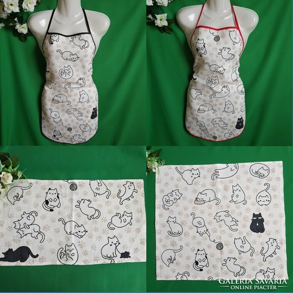 New, custom-made cat print cotton kitchen apron with black border