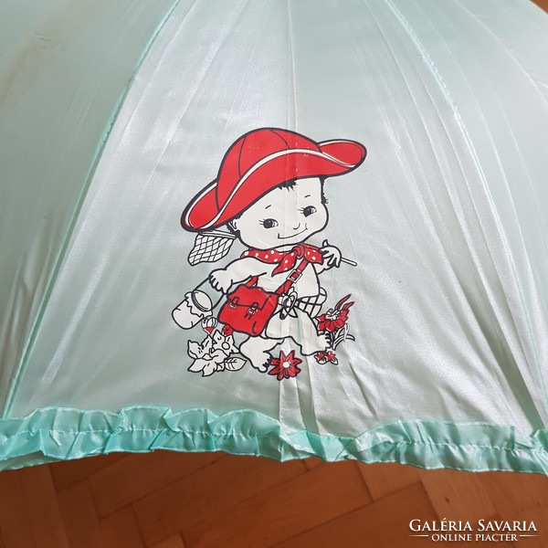 Új, Baba mintás fodros félautomata gyerek esernyő síppal – menta-piros