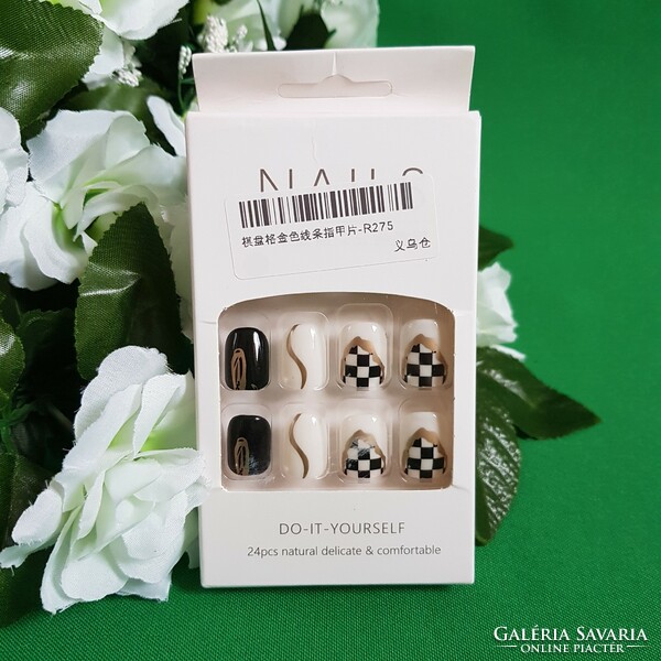 24pcs square DIY nail set with liquid glue - white - black - checkered