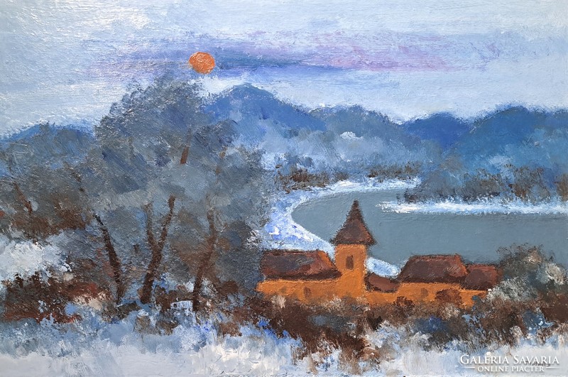 József Tímár: winter landscape, riverside houses - oil painting, contemporary painter - on the banks of the Danube