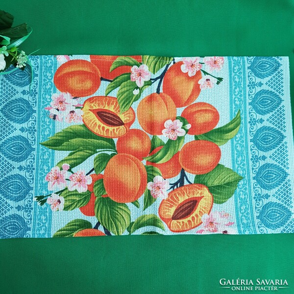 New, custom-made peach-patterned cotton kitchen towel, tea towel