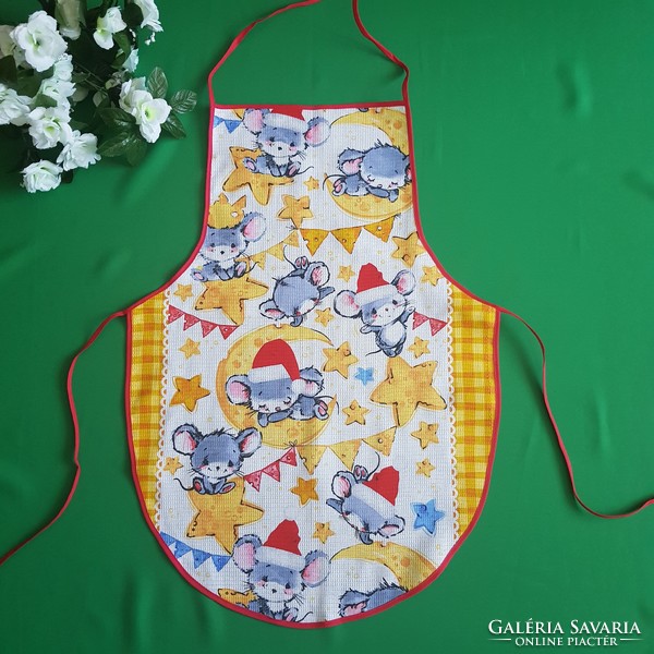 New, custom-made Christmas mouse patterned cotton kitchen apron with yellow edge