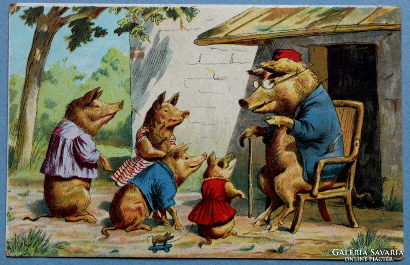 Antique greeting graphic litho postcard - grandpa pig tells the pigs - e.g.