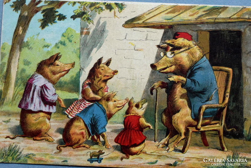 Antique greeting graphic litho postcard - grandpa pig tells the pigs - e.g.