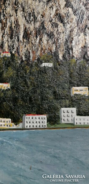 Skyline of the Adriatic coastal town of Omis, large oil-on-canvas painting, signed, unframed
